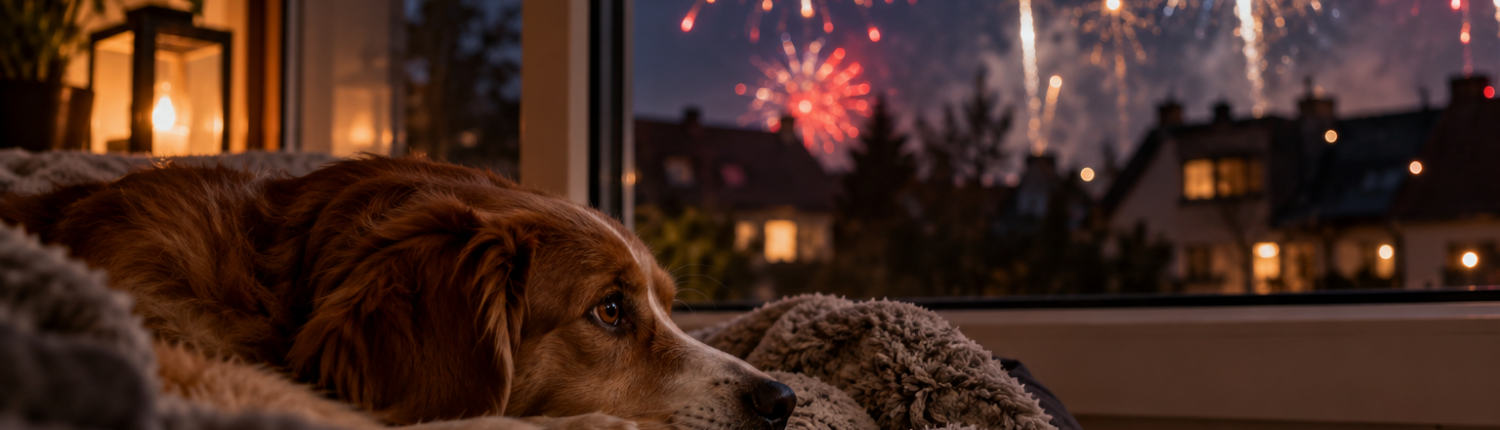 Hund schaut auf Feuerwerk